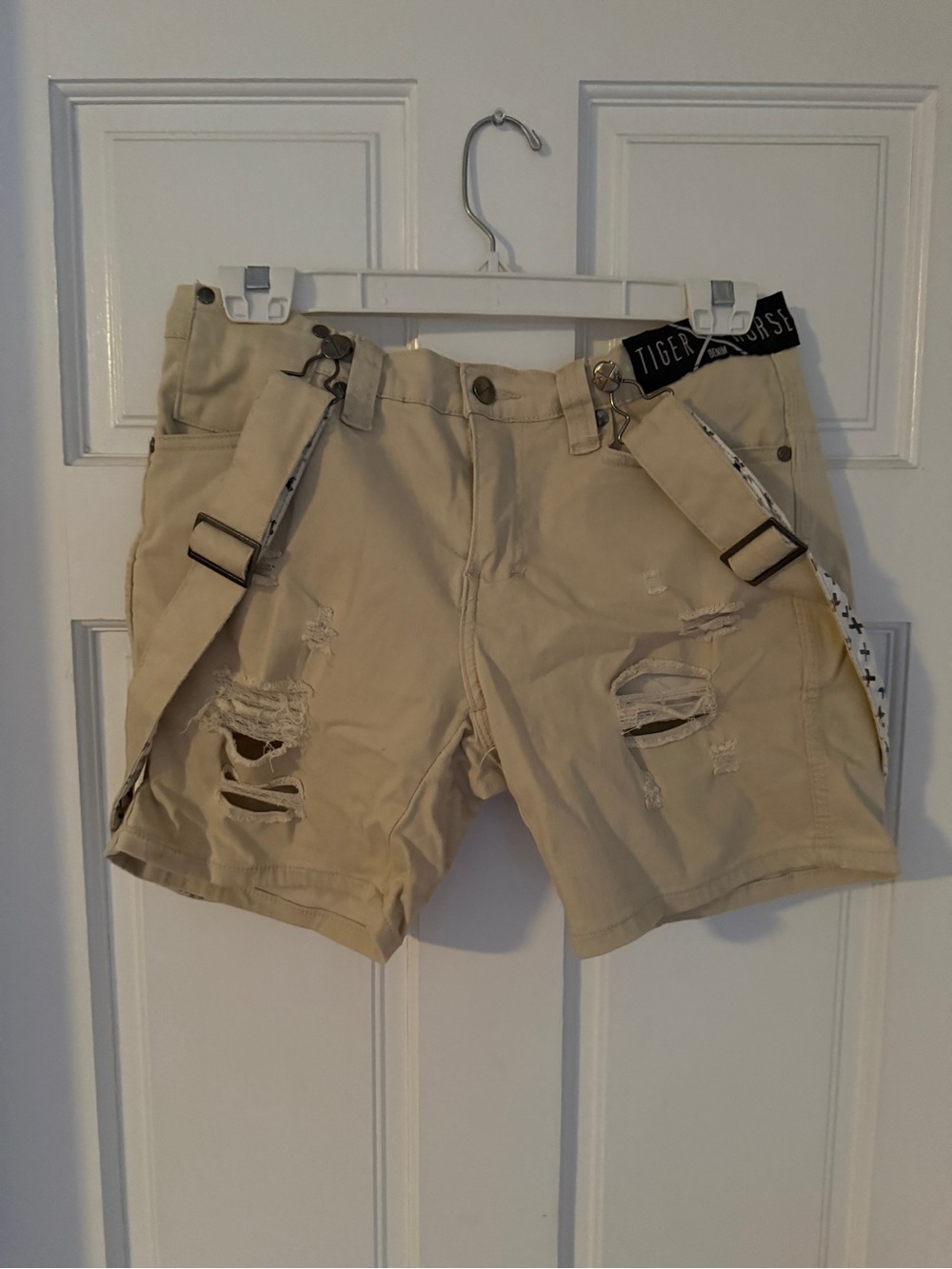 Tiger Horse Men's Beige Distressed Utility Shorts with Suspender Detail